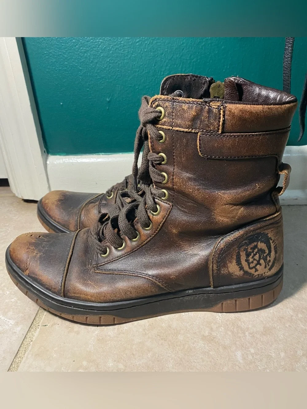 Diesel distressed genuine leather lace up ankle boots